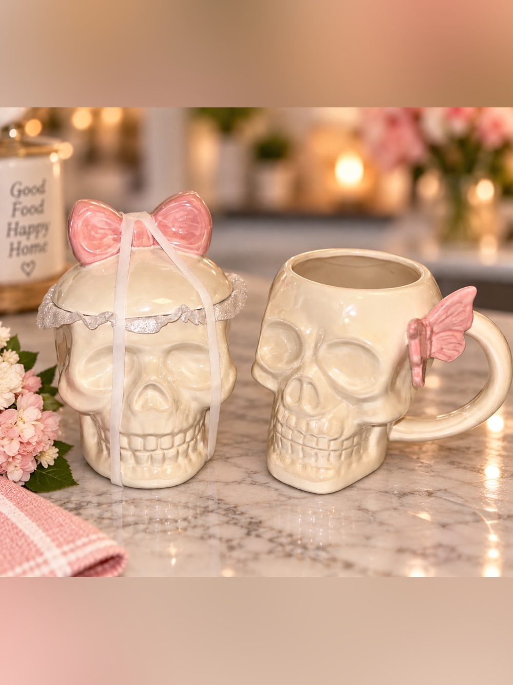 Fun matching Halloween skeleton mug and cookie jar